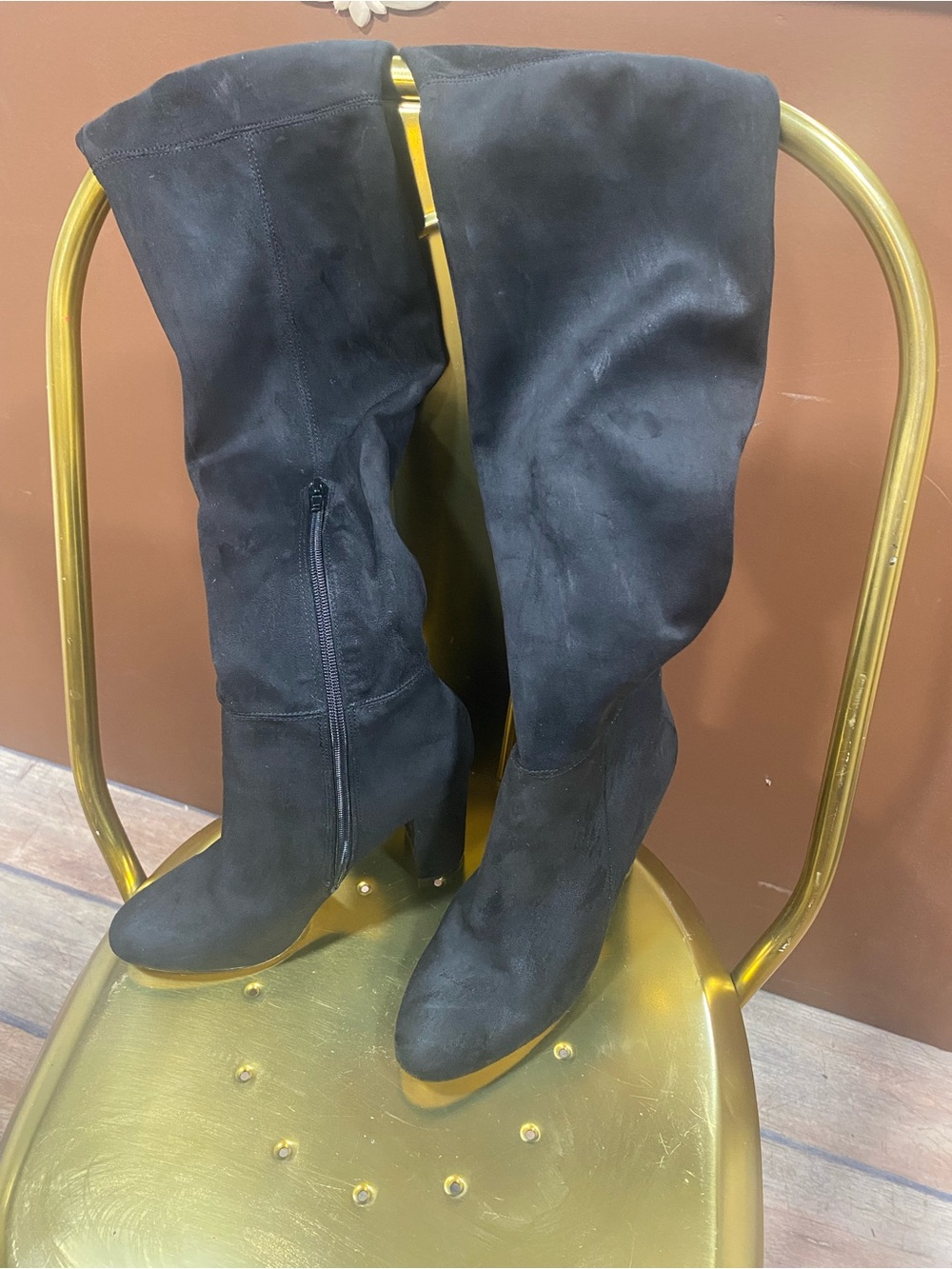 ALDO Black Faux Suede Over-the-Knee Stretch Block Heel Boots Size 8